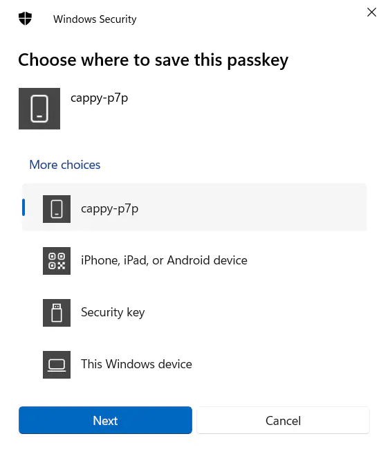 A screenshot of the Windows Hello prompt asking the user to choose where to save their new passkey. The list of options includes an entry with a phone icon titled cappy-p7p as an example of a phone that has been persistently linked to the access device the user is current registering a new passkey from. Image captions