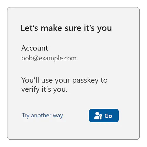 Sample reauthentication screen with a title of: Let’s make sure it’s you, then showing Account: bob@example.com, with text below reading: You’ll use your passkey to verify it’s you, and a try another way link and a Go button with the passkey icon at the bottom